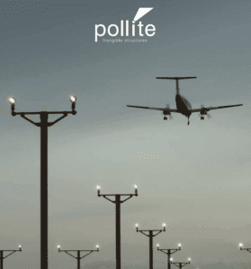 Brochure front cover for Pollite Frangible Structures showing an airplane flying over runway masts