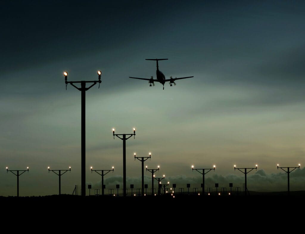 Airplane flying over field of frangible multi light approach masts at night